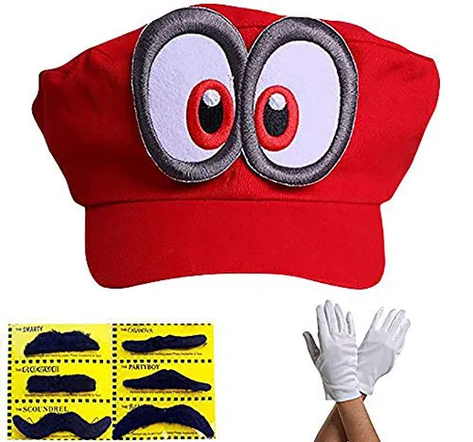 Super Mario Cappello Odyssey - Set di 1x Guanti e 6X Barba appiccicosa Costume per Adulti...
