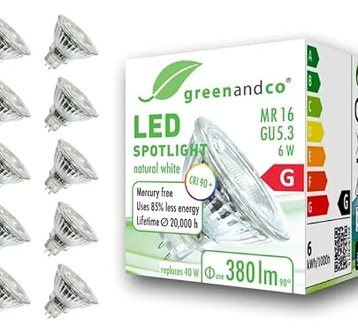 10x Spot a LED greenandco® IRC 90+ 4000K 36° GU5.3 MR16 6W (equivalente spot alogeni 40W)...