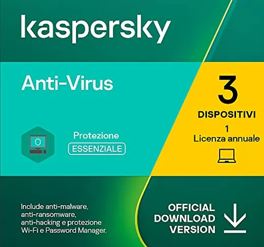 Kaspersky Anti-Virus 2022 | 3 Dispositivi | 1 Anno | PC | Codice d'attivazione via email