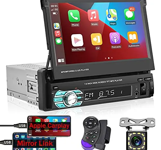 Podofo Autoradio 1 DIN Compatibile con Carplay e Android Auto Lettore MP5 per Auto Touchsc...