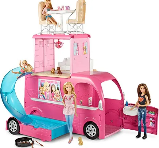 Barbie- Pop up Camper, 3 Livelli e 4 Posti Letto, con Scivolo e Tanti Accessori, Giocattol...