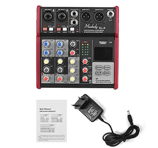 Muslady Console di mixaggio a 4 canali dimensioni compatte EQ 2 bande alimentazione