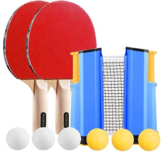 WOMGF - Racchetta da ping pong set – 2 racchette da tennis da tavolo + 1 retraibile rete d...