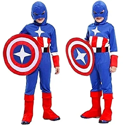 Costume Capitan America Bambino Carnevale Vestito Supereroe Con Maschera Colore Blu (Tagli...