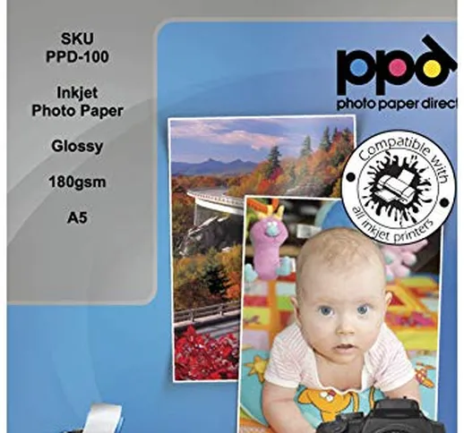 PPD A5 Carta Fotografica Lucida Per Stampanti A Getto D’Inchiostro Inkjet, 180 gsm, 50 fog...