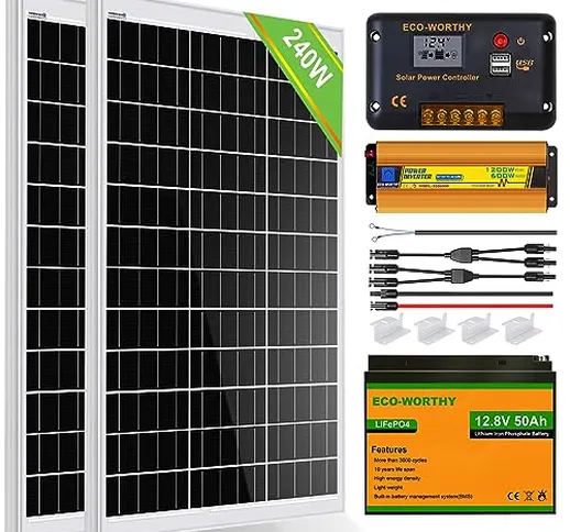 ECO-WORTHY 240W 12V Pannello Solare Kit Completo per Sistema Solare Off-grid:2 Pannelli So...