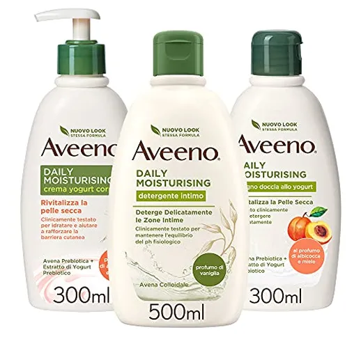 Aveeno, Daily Moisturising allo Yogurt set routine, crema corpo idratante, bagno doccia co...