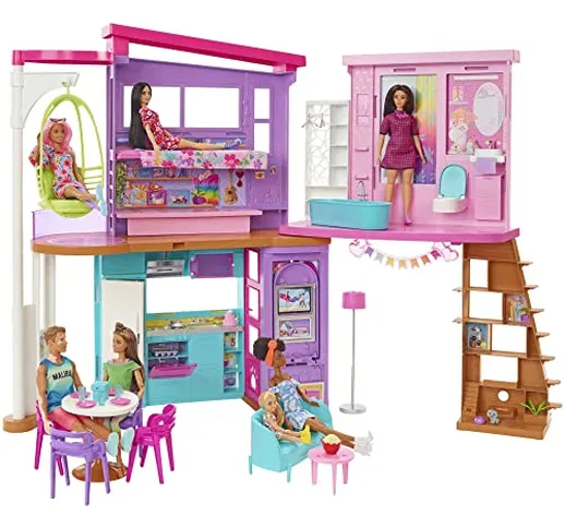 Barbie - Barbie Casa di Malibu (106 cm) playset casa delle bambole con 2 piani, 6 stanze,...