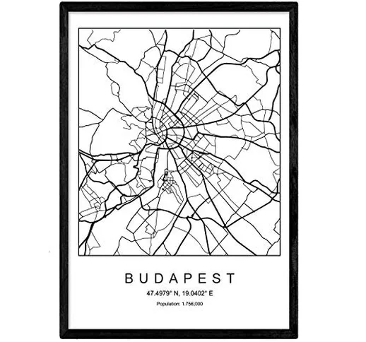 Nacnic Stampa Budapest Mappa della Città in Stile Nordico in Bianco e Nero. A3 Formato del...