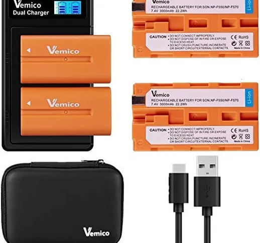 Vemico NP-F550 Batteria Caricabatterie Kit 2 x 3000mAh Batterie di Ricambio e Doppio Caric...