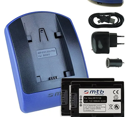 2 Batterie NP-FV120 (3300mAh) + Caricabatteria (USB/Auto/Corrente) per Sony NP-FV100(A) /...