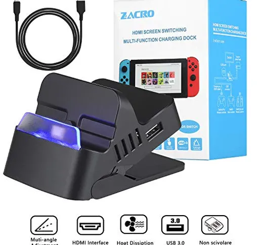 Zacro Nintendo Switch Dock Portatile e Tipo-C a cavo di ricarica rapida USB, 2K HDMI e por...