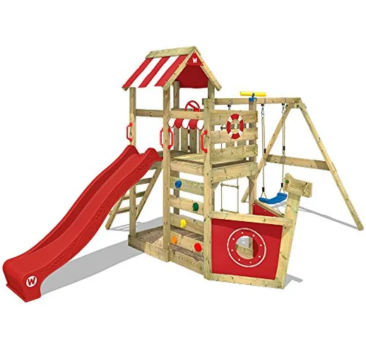 WICKEY Parco giochi in legno SeaFlyer Giochi da giardino con altalena e scivolo rosso, Cas...