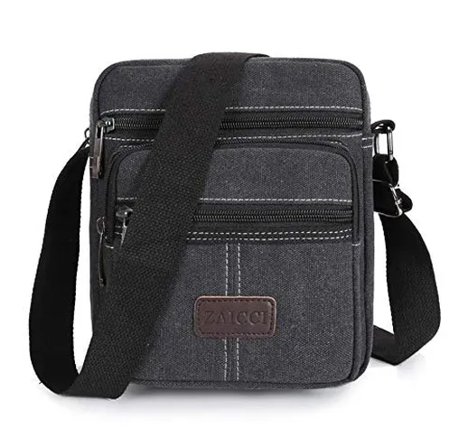 ZAICCI Borsa Uomo Tracolla in Tela, Borsello Vintage a Spalla con Multe Tasche a Zip (Nero...