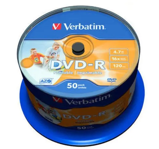 50 DVD-R PRINTABLE 50 Pezzi Verbatim STAMPABILI 100% Vuoti Azo 16X 4.7GB