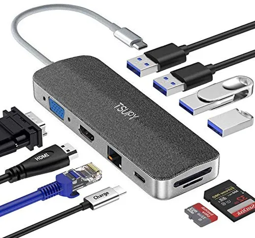 TSUPY Hub USB C 10 in 1 Design del Tessuto Adattatore USB C HDMI 4K VGA 4 USB Ethernet PD...