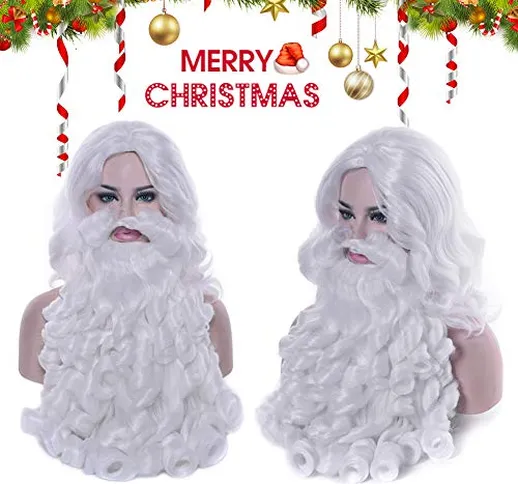 Alexsix - Parrucca Natalizia da Babbo Natale, con Barba Lunga, Colore Bianco