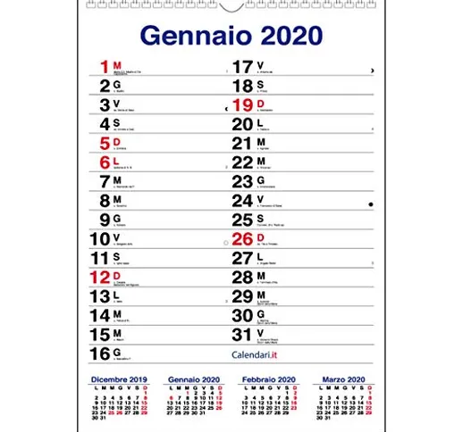 Calendario 2020 da muro mod. XL con più spazio per scrivere. Calendario con santi e lune