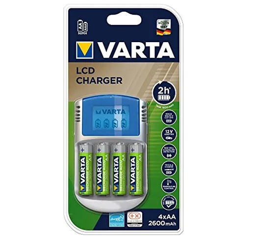 Varta Caricabatterie LCD per AA/AAA con 4 Batterie AA 2600 mAh, Adattatore 12V e Cavo USB...