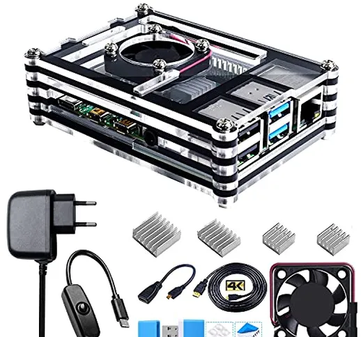 Bruphny Case per Raspberry Pi 4,Case Kit con Ventola, 5V 3A USB-C Alimentatore, 4 Dissipat...