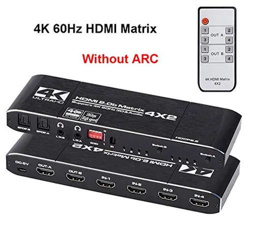 Red tide HDMI Matrix 4X2 4K @ 60Hz HDR Switch HDMI Splitter, 4 in 2 YUV 444 SPDIF Ottico +...