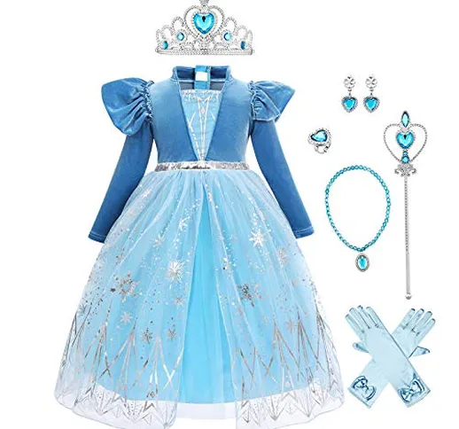 Costume Anna Frozen Regina delle Nevi Ragazze Bambina Abito Velluto Principessa Vestito An...