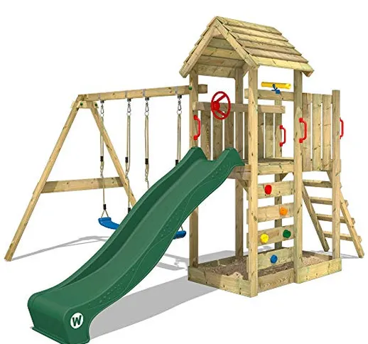 WICKEY Parco giochi in legno MultiFlyer tetto in legno, Giochi da giardino con altalena e...