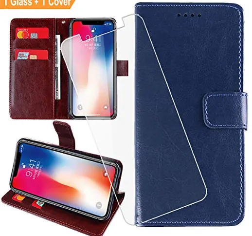 QFSM Blu Skin Custodia + Vetro Temperato per WIKO Y60,Protettiva in Pelle PU Custodia Book...