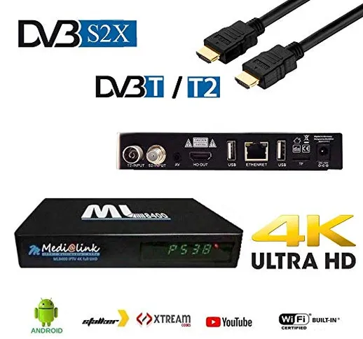 Medialink ML 8400 4K UHD DVB-S2/T2 supporta Netflix, DAZN IPTV Miracast Xtreme Stalker Lin...