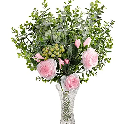 Love Bloom Fiori Rose Finti e Foglie di Eucalipto con Vaso en Vetri - Rosa Rose in Seta co...