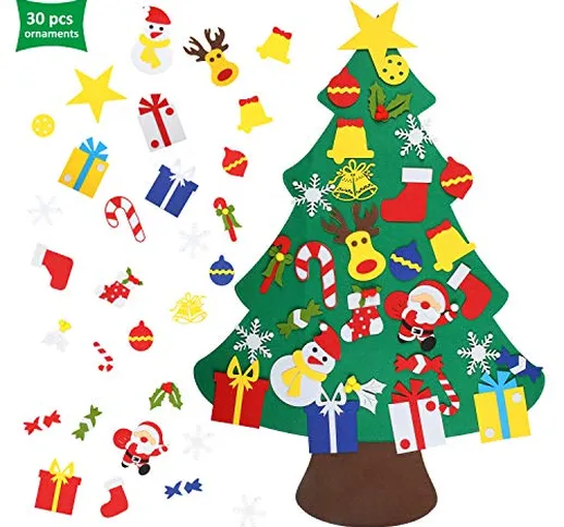 EKKONG Feltro Albero Natale con Ornamenti 30 Pz DIY Staccabile Decorazione da Parete per B...