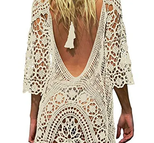 Copricostume da Bagno Donna in Maglia Uncinetto Estate Abito da Spiaggia Bikini Cover Up C...