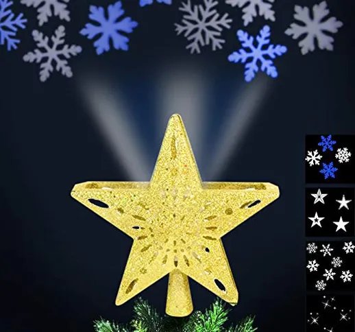 Puntale con Proiezione Luci a LED su Soffitto per Albero di Natale Forma Stella 4 Giochi d...