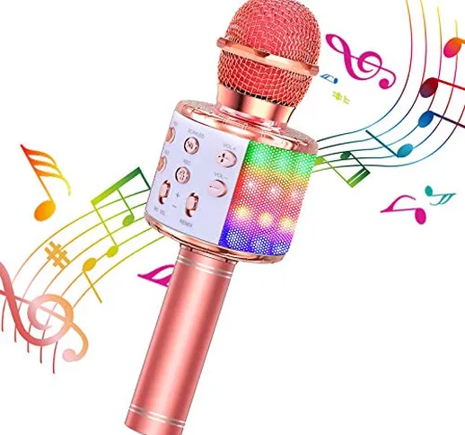 ShinePick Microfono Karaoke, 4 in 1 Bluetooth Wireless LED Flash Microfono Portatile Karao...