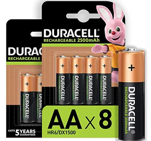 Duracell - Rechargeable AA 2500mAh Prericaricate, Batterie Stilo Ricaricabili 2500 mAh, co...