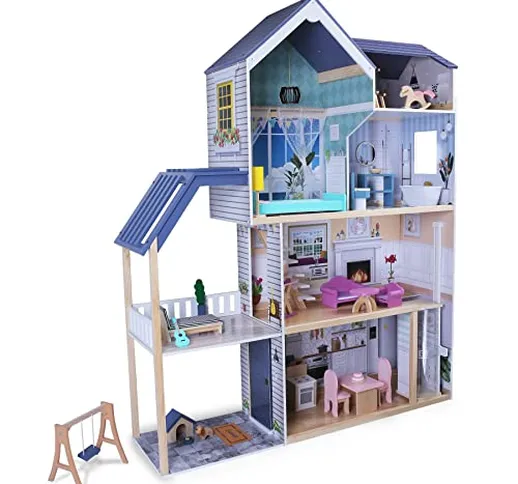 Casa delle bambole in legno grande per Barbie e bambole da 29 cm 112 x 30 x 139 cm – con a...