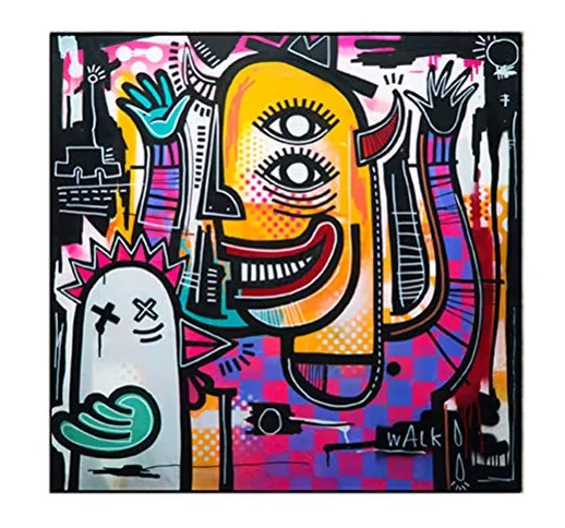 Graffiti Wall Art - Quadro Moderno Jean-Michel Basquiat Su Tela Colorata Astratta Stampata...