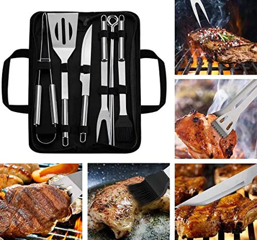 WOTOW - Set di utensili per barbecue in acciaio INOX, 9 pezzi, accessori per barbecue con...