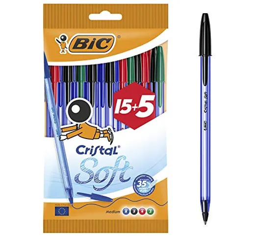 BIC Penne Blu a Sfera, Cristal Soft, Colori Assortiti, Punta Media, 1.2 mm, Confezione 15+...