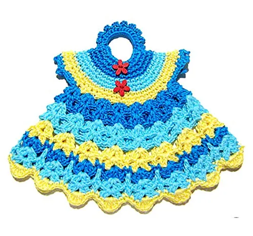 Presina vestitino giallo e blu all'uncinetto - Dimensioni: 19.5 cm x 16.5 cm H - Handmade...