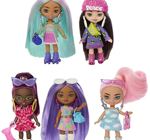 Barbie, Extra Mini Minis, Confezione da 5 Mini Bambole Alte 8+ cm, Ciascuna con Abiti Colo...