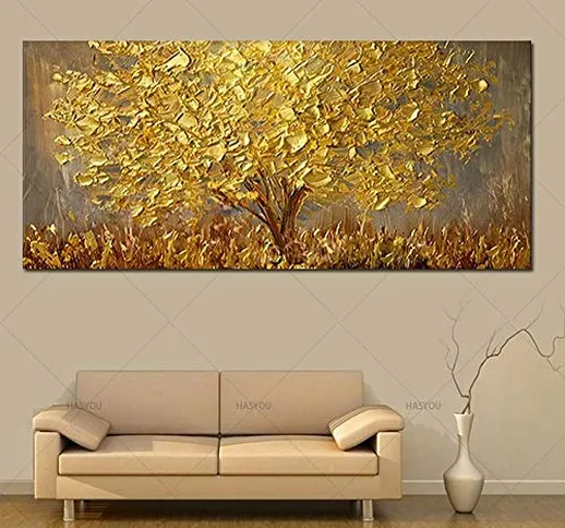 HCHD Dipinto a Mano Coltello Pittura ad Olio Albero d'oro su Tela Grande tavolozza Dipinti...