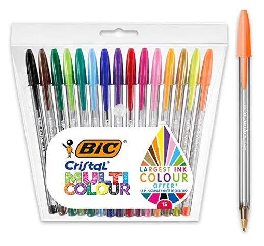 BIC Cristal - Penne a sfera multicolore, colori assortiti, confezione da 15, punta larga (...