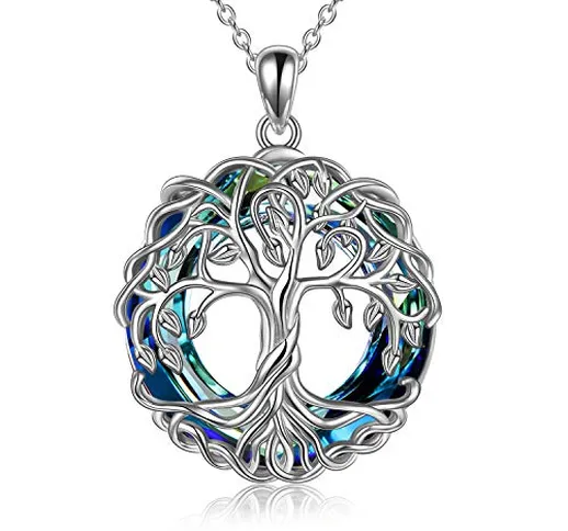 YFN Collana Albero della Vita Celtica Gioielli per Donna Argento Sterling con Cristallo Bl...