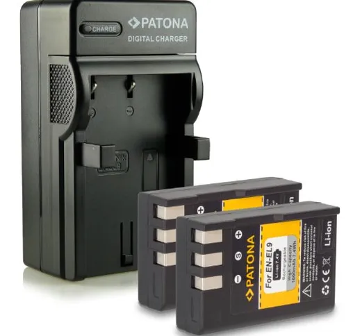 PATONA 4in1 Caricabatteria + 2x Batteria EN-EL9 compatibile con Nikon D40 D40x D60 D3000 D...