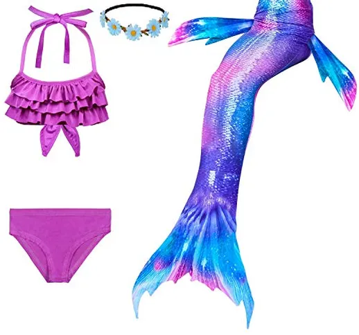 Fishkidtail Ragazze Coda da Sirena per Nuotare Bambina Costume da Bagno Incluso 3PCS Bikin...