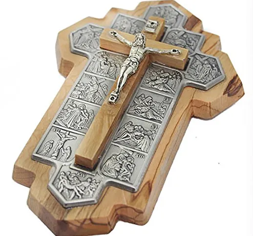 Crocifisso in legno d' ulivo di Betlemme con 14 stazioni di Gesù on the way to the Cross,...