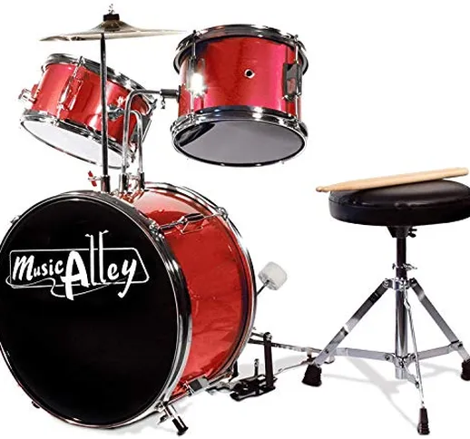 Music Alley Junior Drum Kit per bambini con pedalino da batteria, tamburo sgabello e basto...