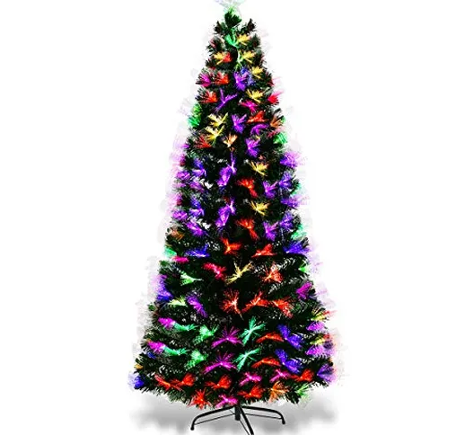 COSTWAY Albero di Natale a LED Albero di Abete Artificiale, con Fibra Ottica di Vetro Luce...