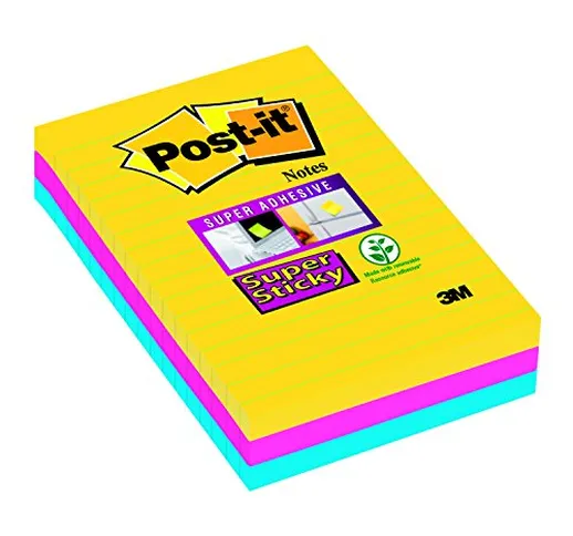 Post-it 5105 Super Sticky Foglietti a Righe, 90 Fogli, 101 x 152 mm, Rio, 3 colori x 90 fo...